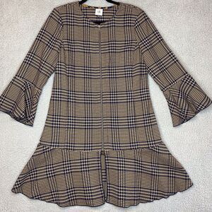 Cabi Preppy Career Jacket Midi Dress Sz S Tan Brown Navy Tartan Plaid NWOT